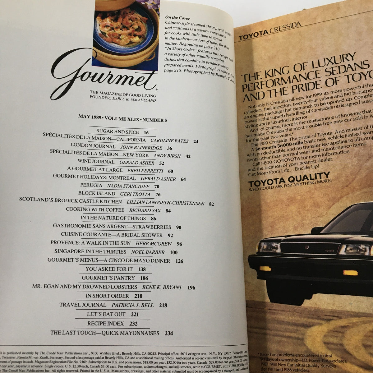 Inside page of Gourmet Magazine May 1989 displaying the table of contents, including the article 'The Last Touch: Quick Mayonnaises' and various food-related features.