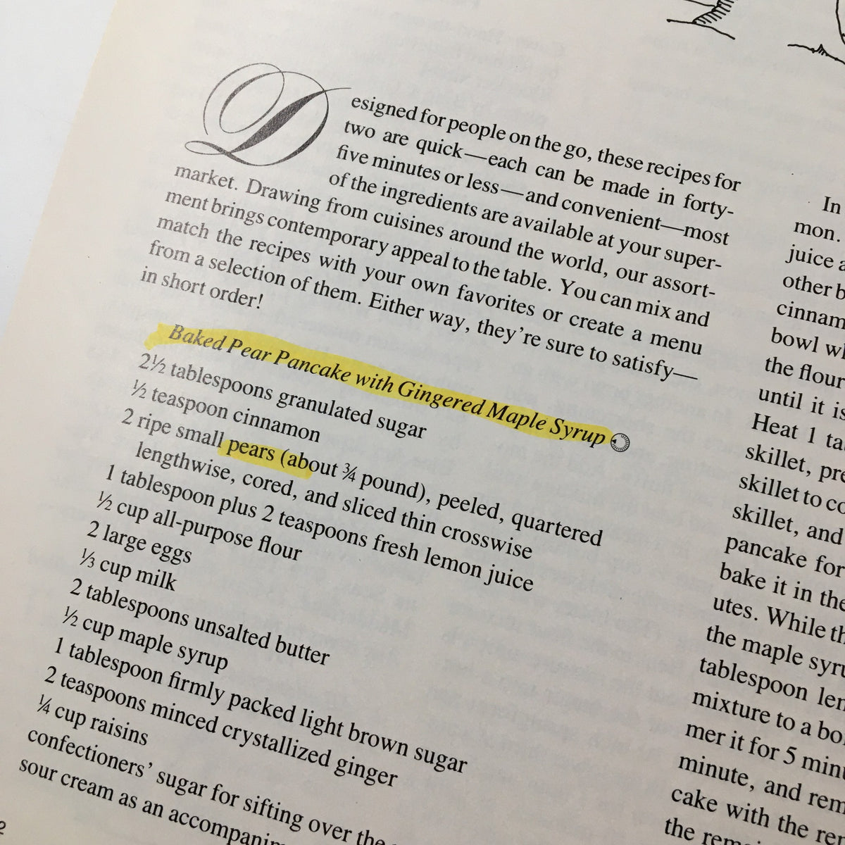 Close-up of a recipe page from Vintage Gourmet Magazine March 1988 highlighting 'Baked Pear Pancake with Gingered Maple Syrup'.