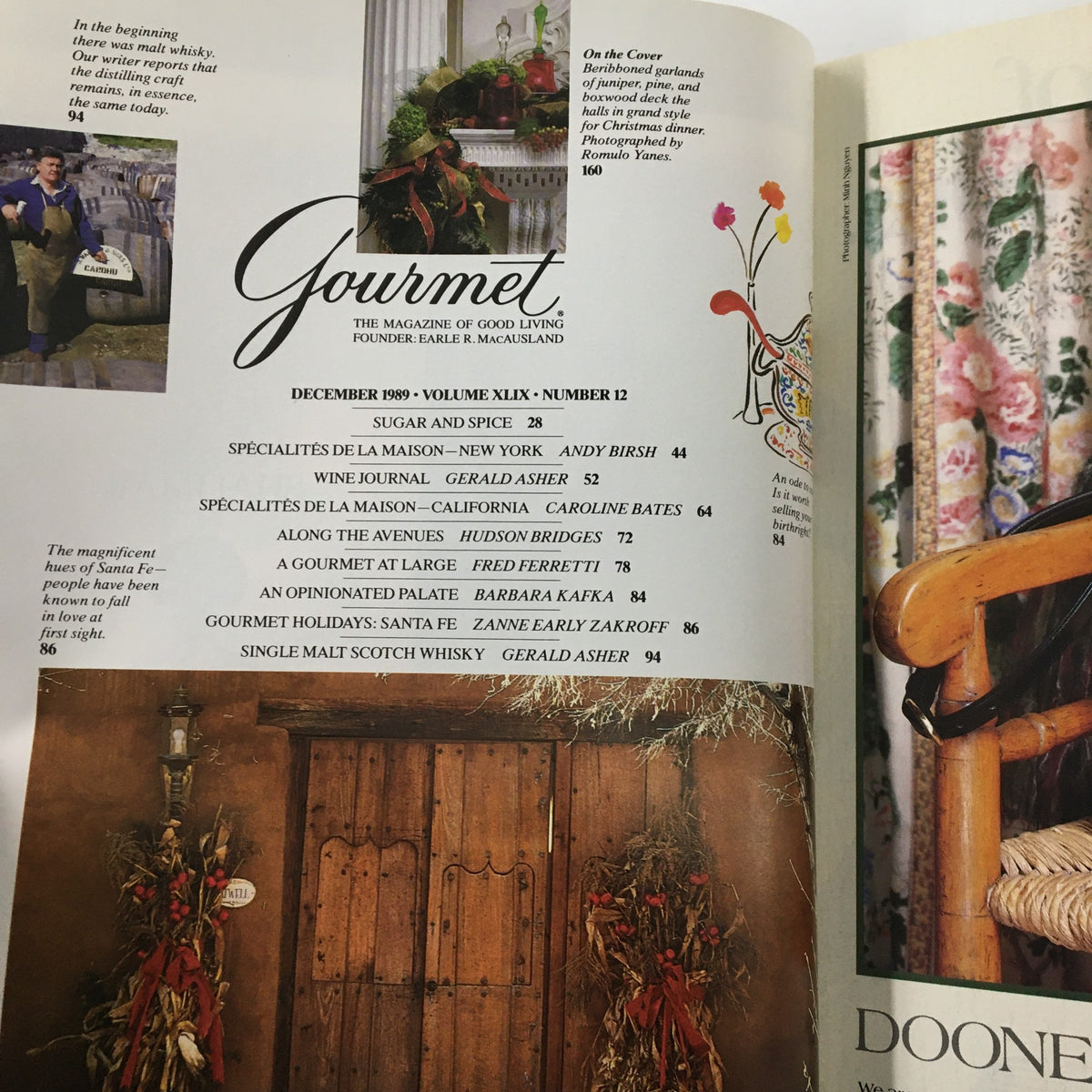 Inside page of Gourmet Magazine December 1989, showcasing the table of contents with articles about holiday recipes and entertaining tips.