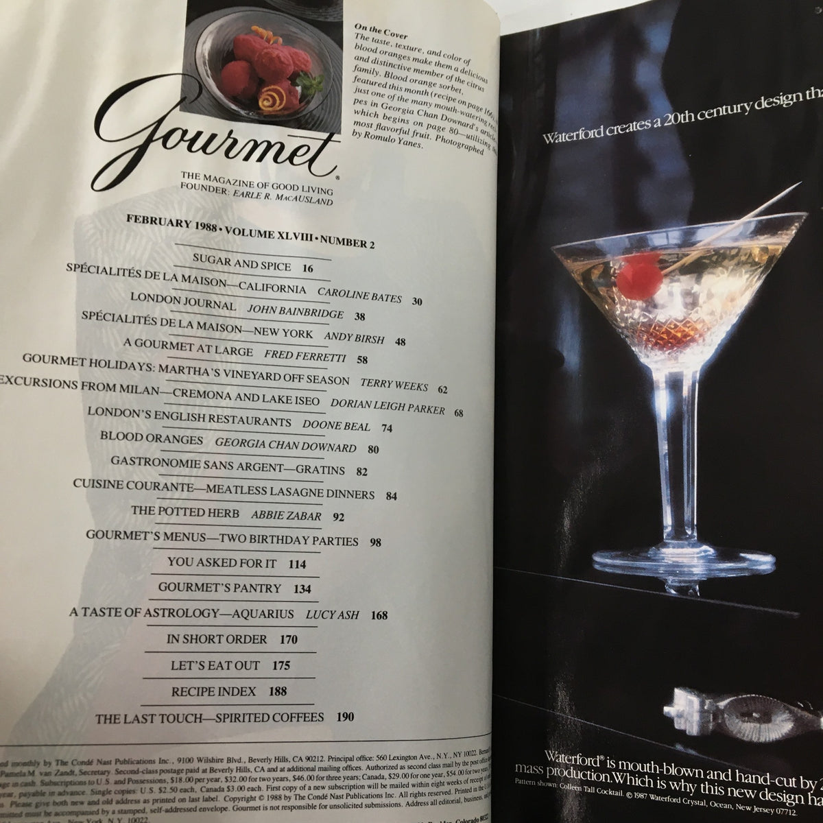 Interior page of VTG Gourmet Magazine February 1988, displaying the table of contents with highlighted features including 'The Last Touch: Spirited Coffees.'