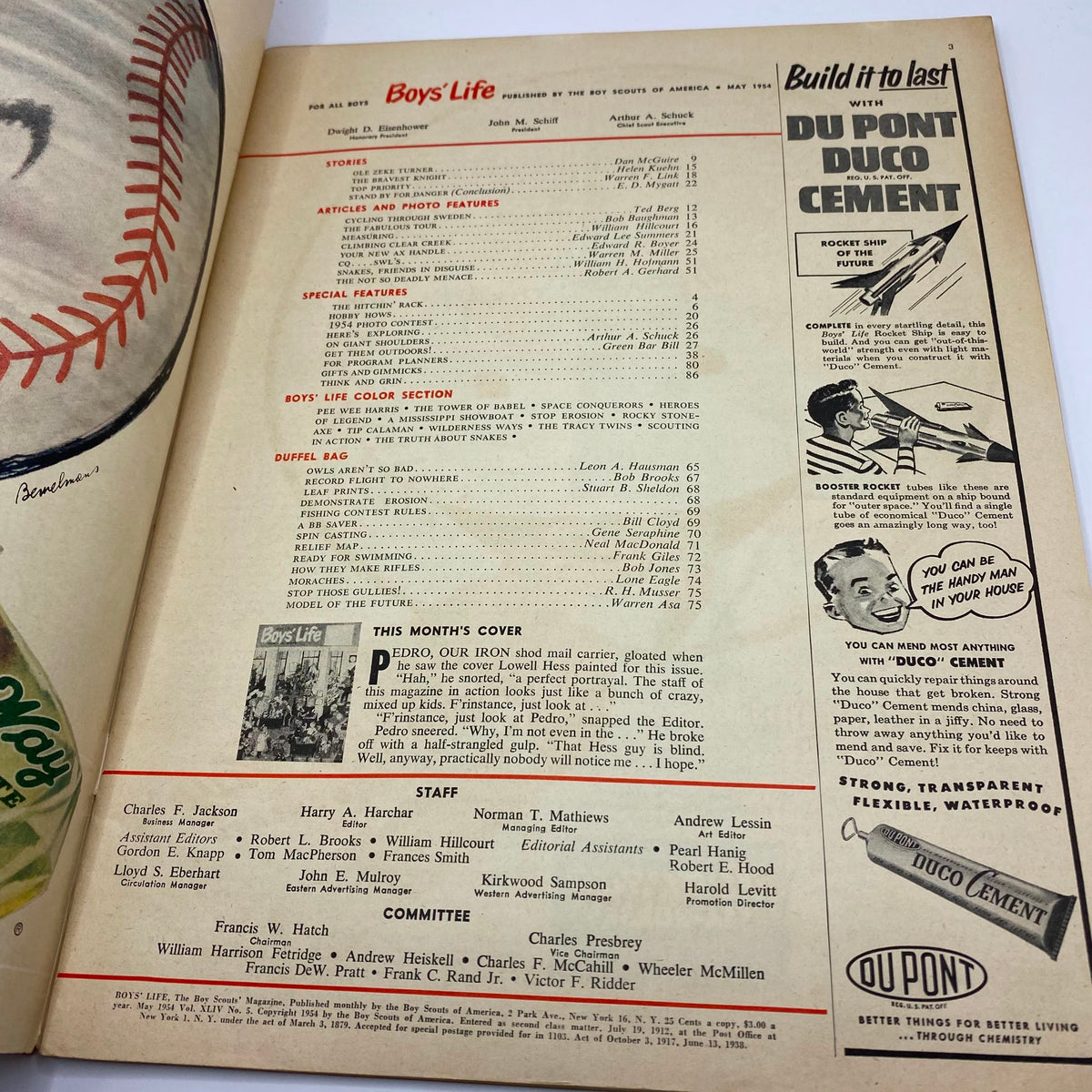 Boys' Life magazine May 1954 interior page showcasing the table of contents, featuring stories and articles including a cover story about Pedro, the Iron Shod Mail Carrier, highlighting the themes of outdoor adventures and curiosity for boys.