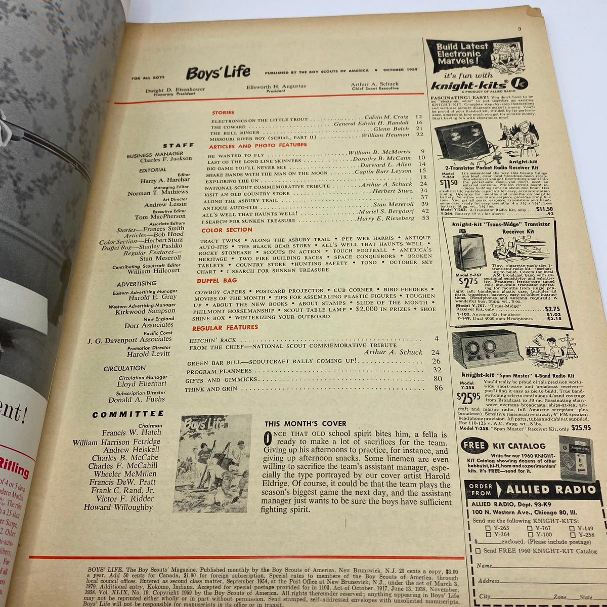 Inside page of Boys' Life for All Boys Magazine October 1959 showing the table of contents and features, reflecting the magazine's focus on adventure and youthful interests.