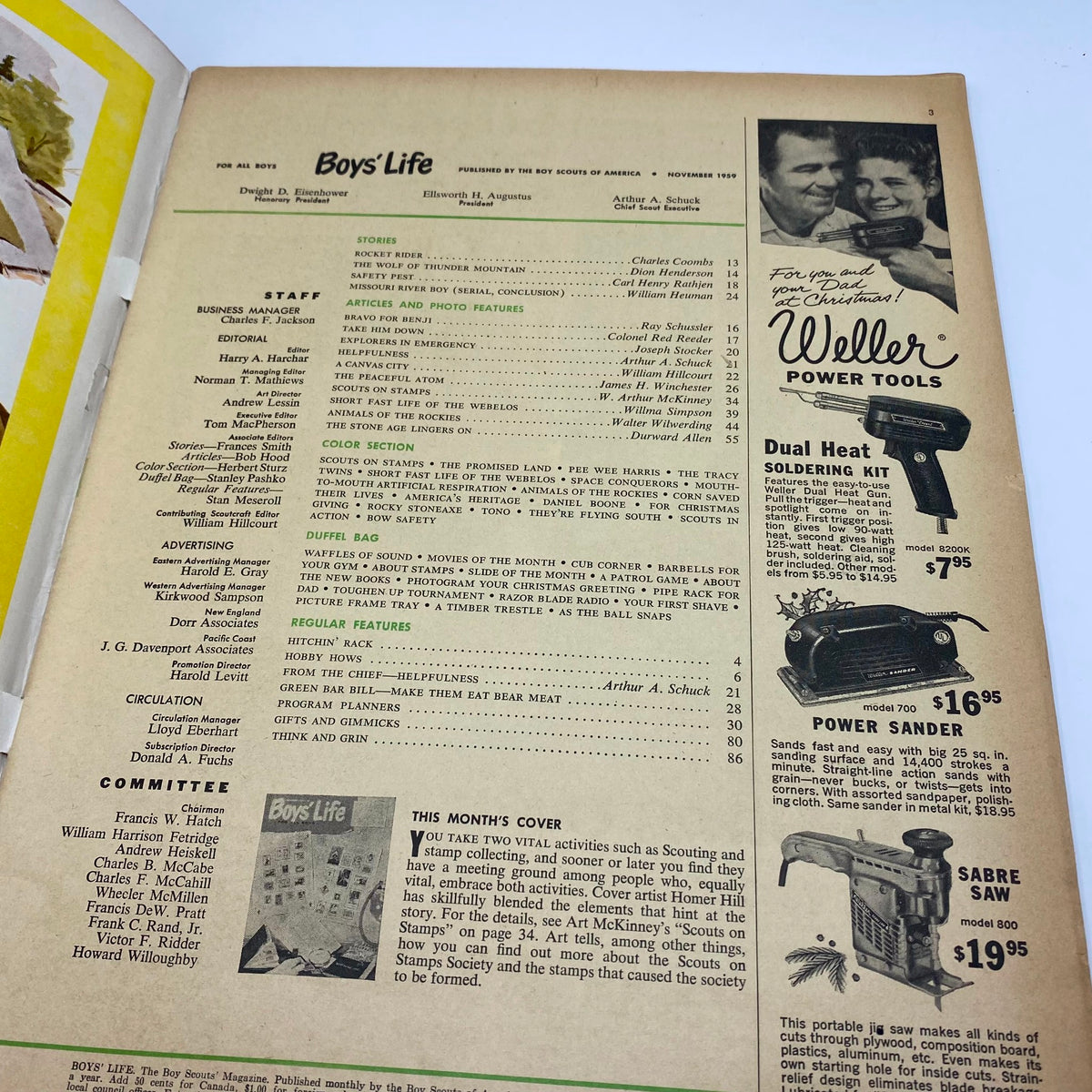 Interior page of Boys' Life for All Boys Magazine November 1959, displaying the table of contents and advertisements related to scouting activities and tools.