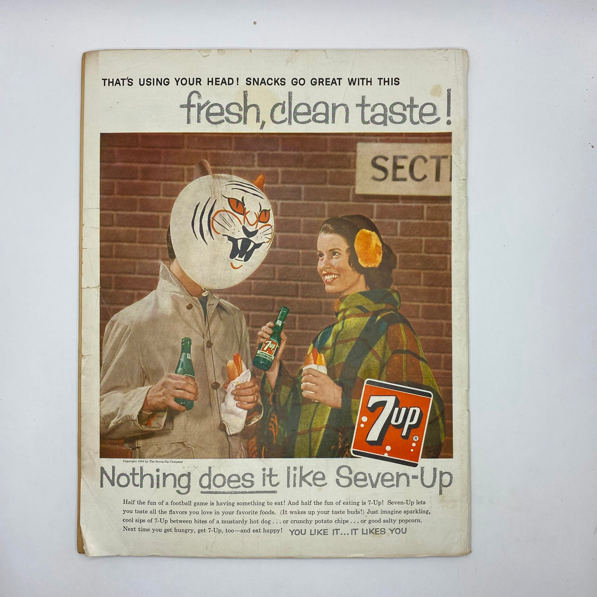 Back cover of Boys' Life for All Boys Magazine November 1959 featuring a vintage advertisement for 7-Up, showcasing a whimsical and playful theme.