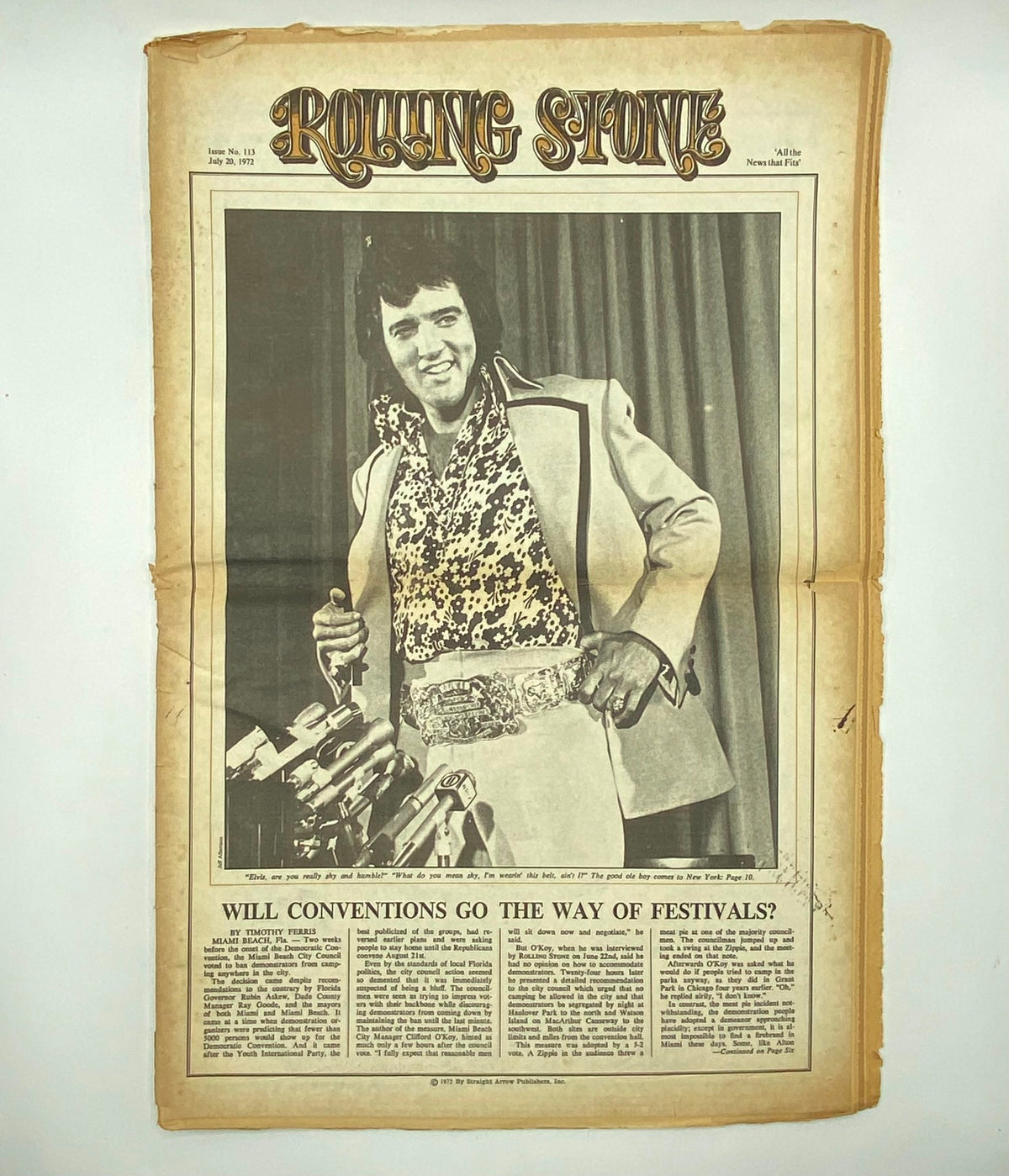 Vintage image of Elvis Presley featured on the cover of Rolling Stone Magazine, July 20, 1972, No. 113, showcasing his iconic style and presence in music history.