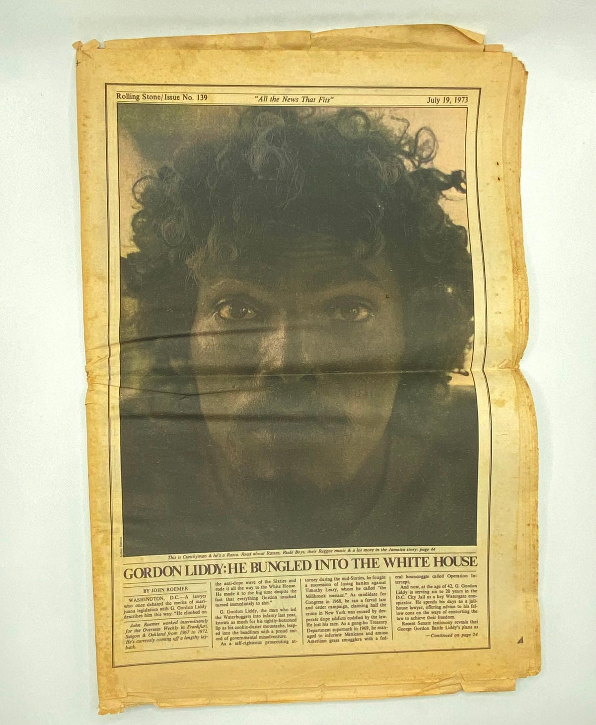 Inside page of the Rolling Stone Magazine, July 19, 1973, Issue No. 139, highlighting the article 'Gordon Liddy: He Bungled into the White House' with a photograph of Gordon Liddy.