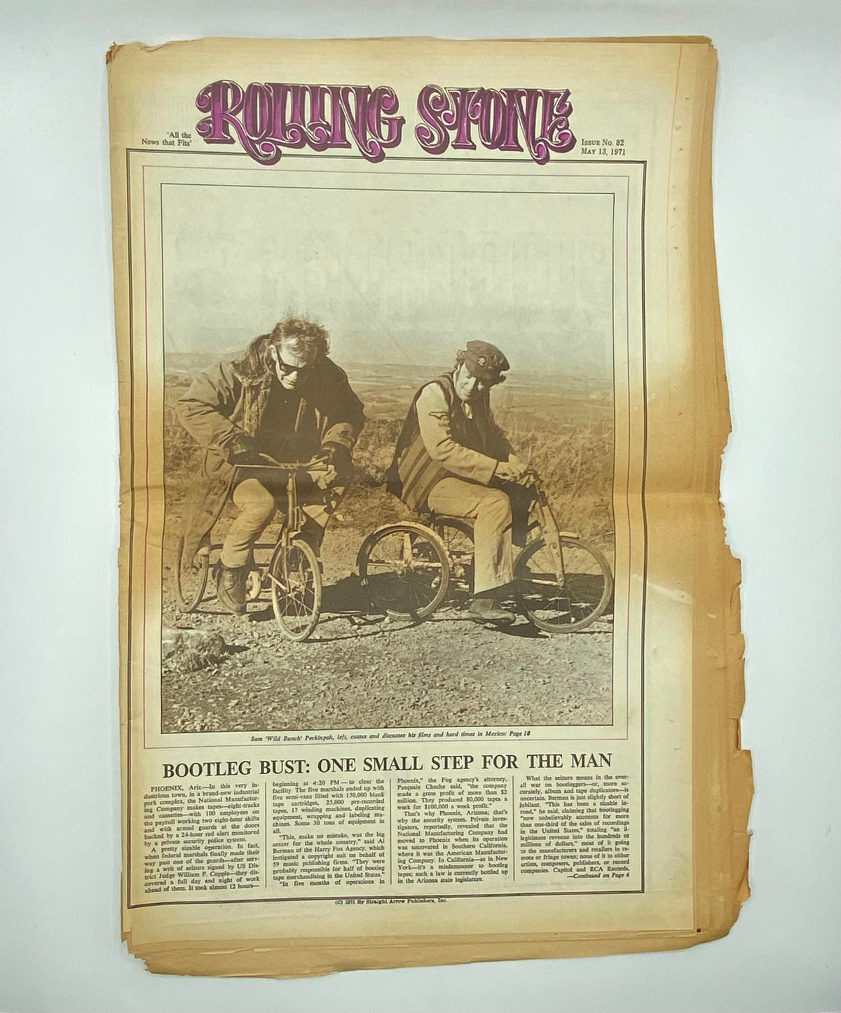 Interior page of Rolling Stone Magazine, Issue No. 82 from May 13, 1971, featuring an article titled 'Bootleg Bust: One Small Step for the Man', highlighting the unique journalism of the era.