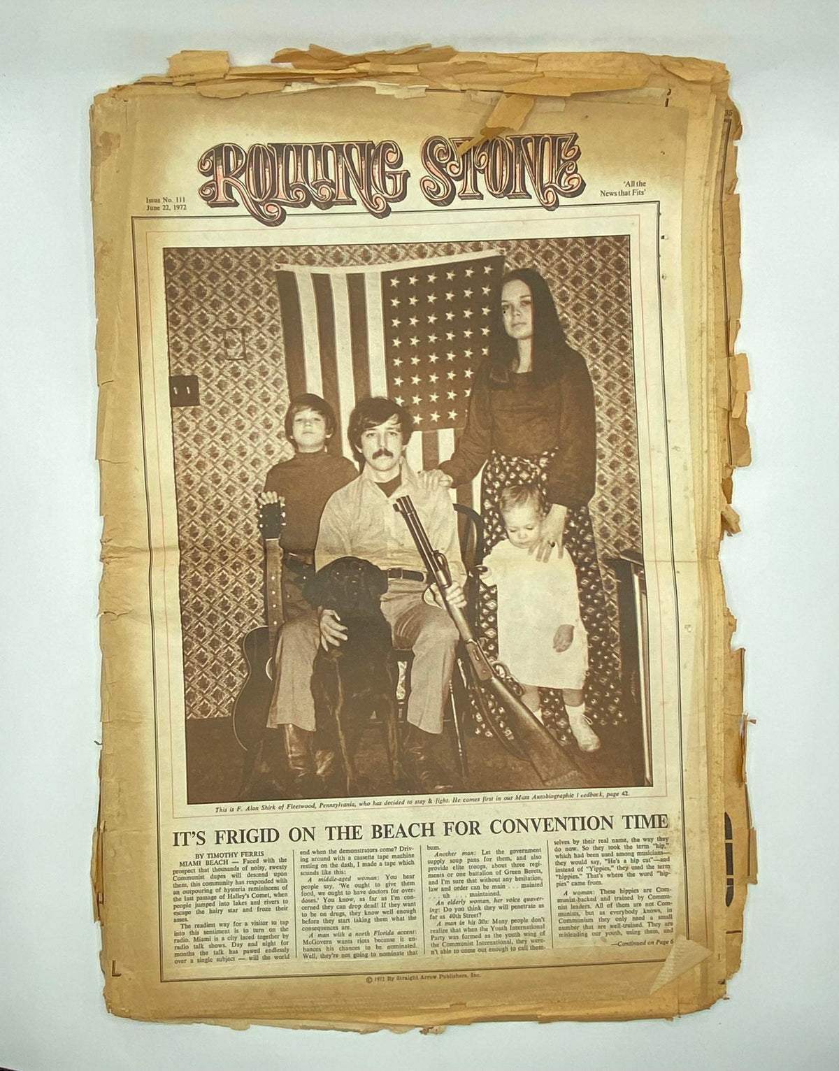Interior page of Rolling Stone Magazine June 22 1972 Issue No. 11 showing a family portrait with a dog, set against a background of the American flag. This vintage magazine captures cultural moments from the early 1970s, appealing to collectors of music and cultural history.