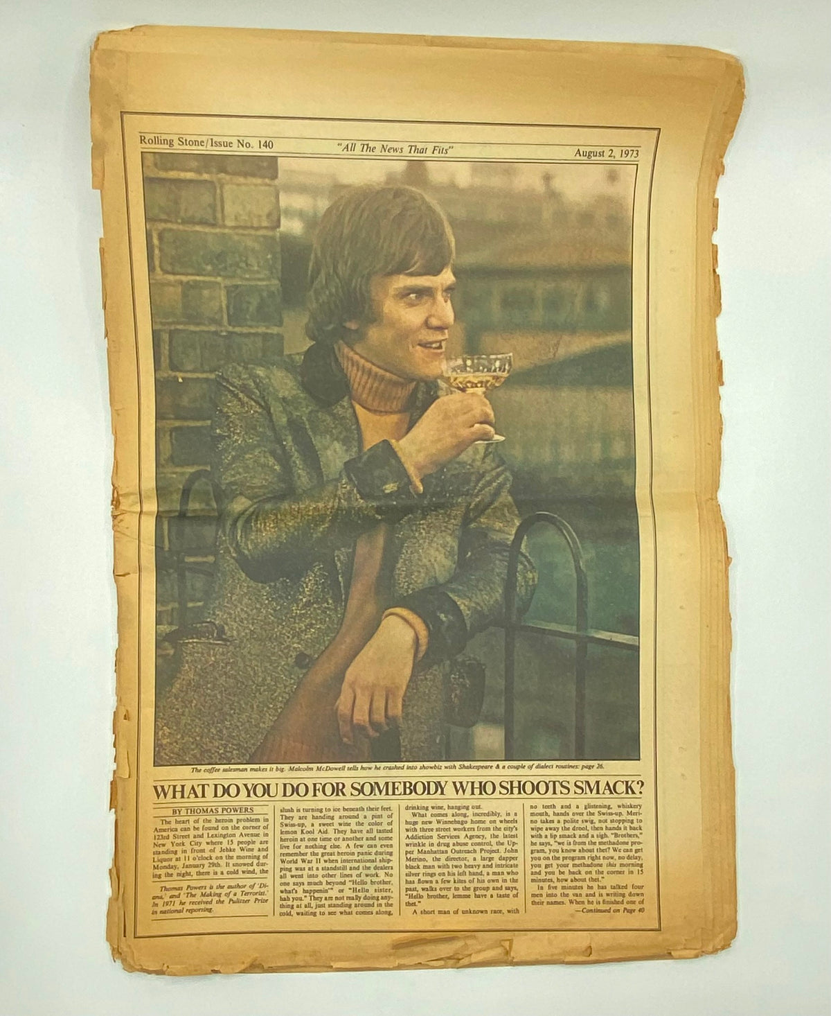 Interior page of Rolling Stone Magazine August 2, 1973, Issue No. 140 with an article discussing substance abuse, featuring a stylish man holding a drink.