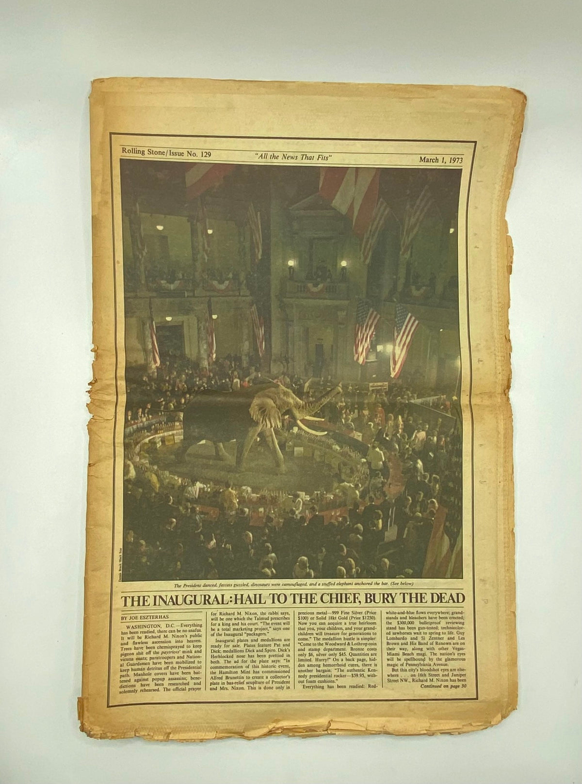 Inside page of Rolling Stone Magazine March 1 1973 Issue No. 129 featuring an illustrated elephant amid a crowd during the inaugural ceremony, representing the vibrant political landscape of the time.