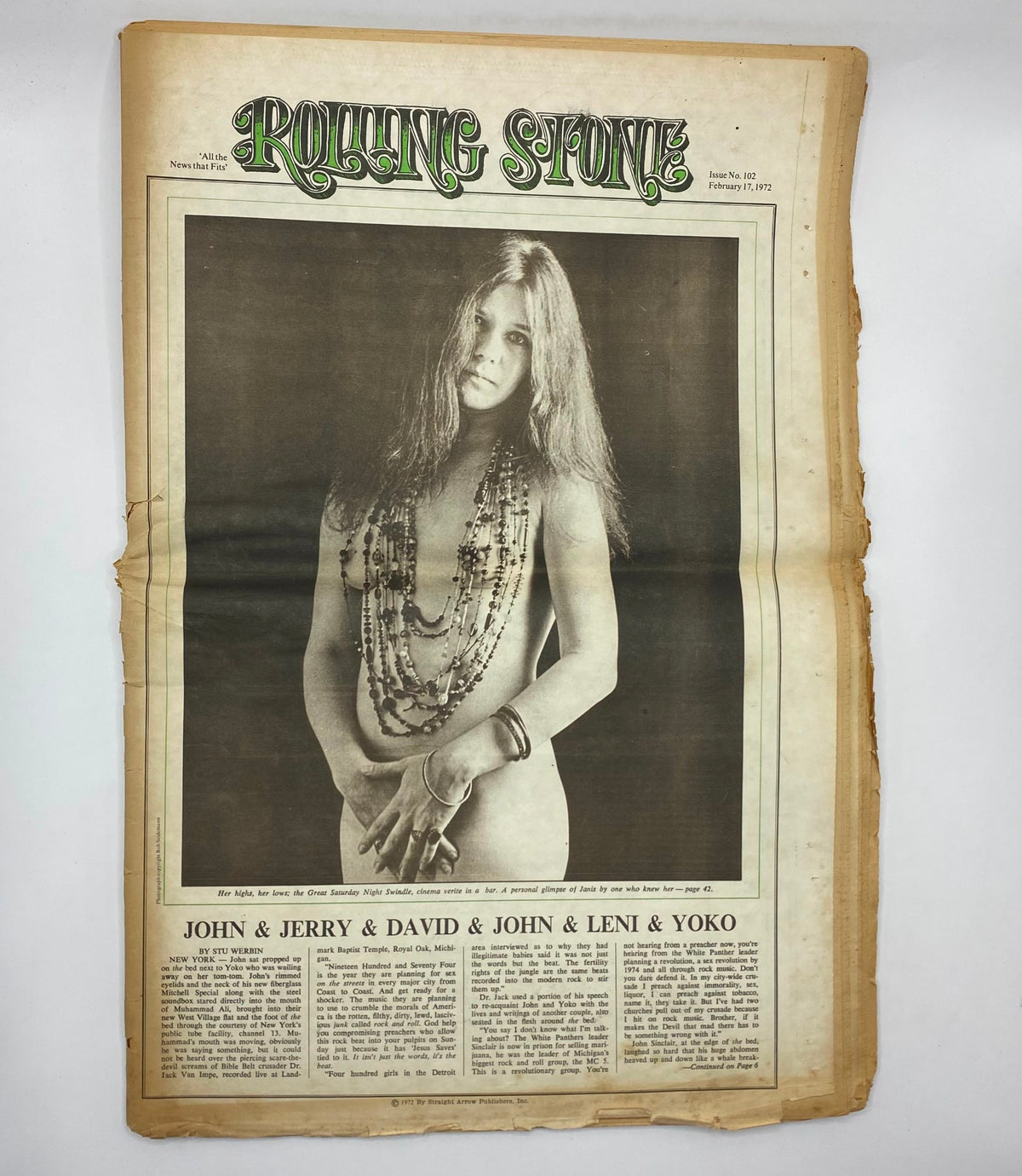 Rolling Stone Magazine February 17, 1972, Issue No. 102 showcasing an artistic portrait of a model adorned with jewelry, capturing the essence of the 70s music culture.