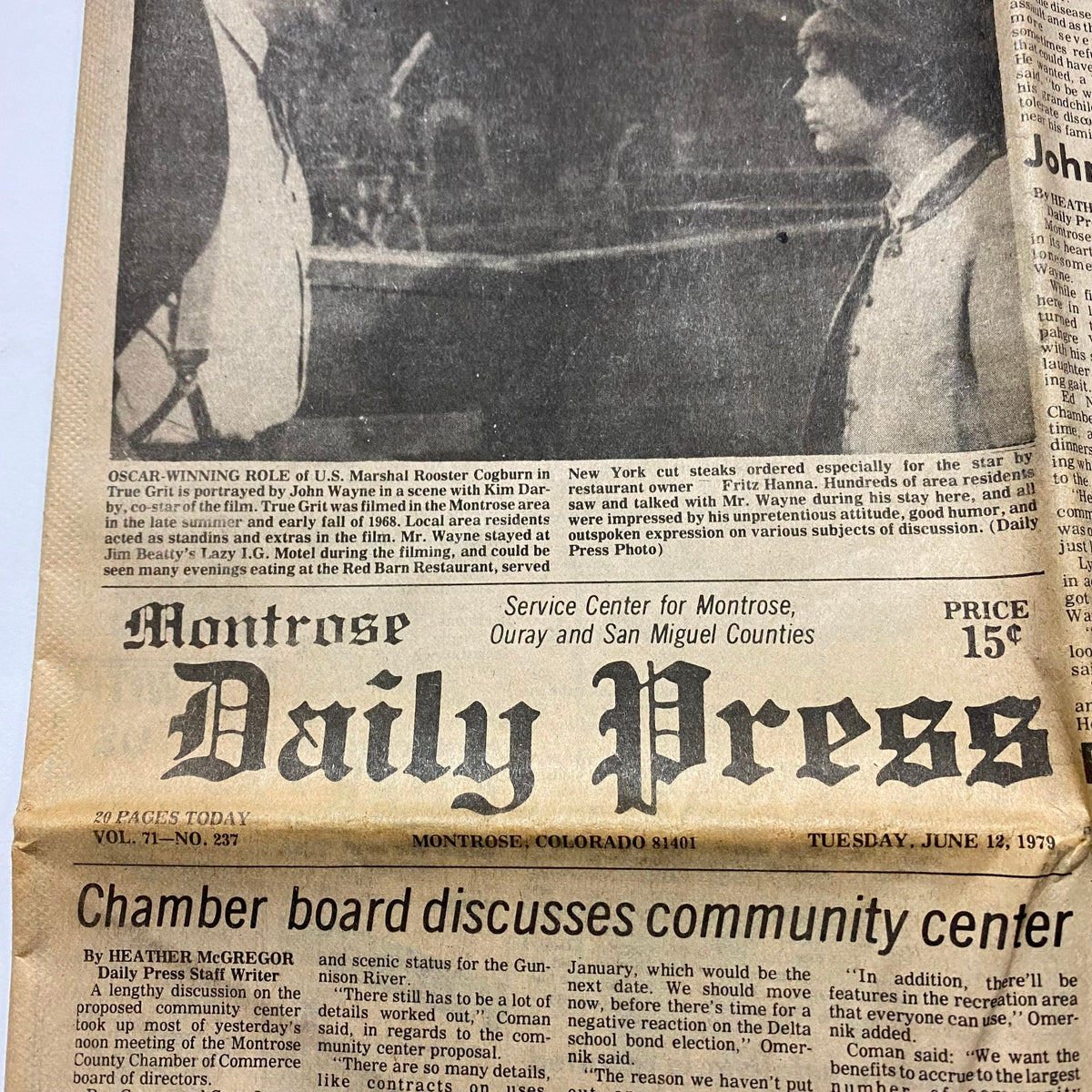 Montrose Daily Press Newspaper June 12 1979 John Wayne & Kim Darby