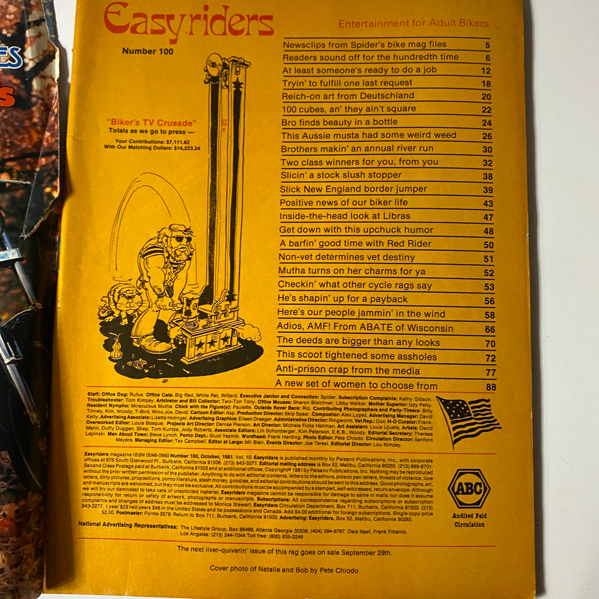Back cover of VTG Easyriders Magazine October 1981 No. 100 showcasing the magazine's contents and advertising with a vintage design and detailed list of articles.