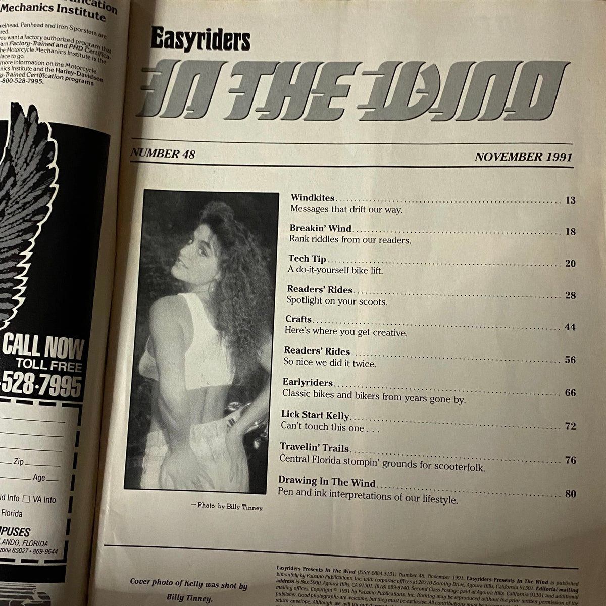 Inside spread of Easyriders Magazine Presents November 1991, showcasing the table of contents with articles and features related to biker lifestyle.