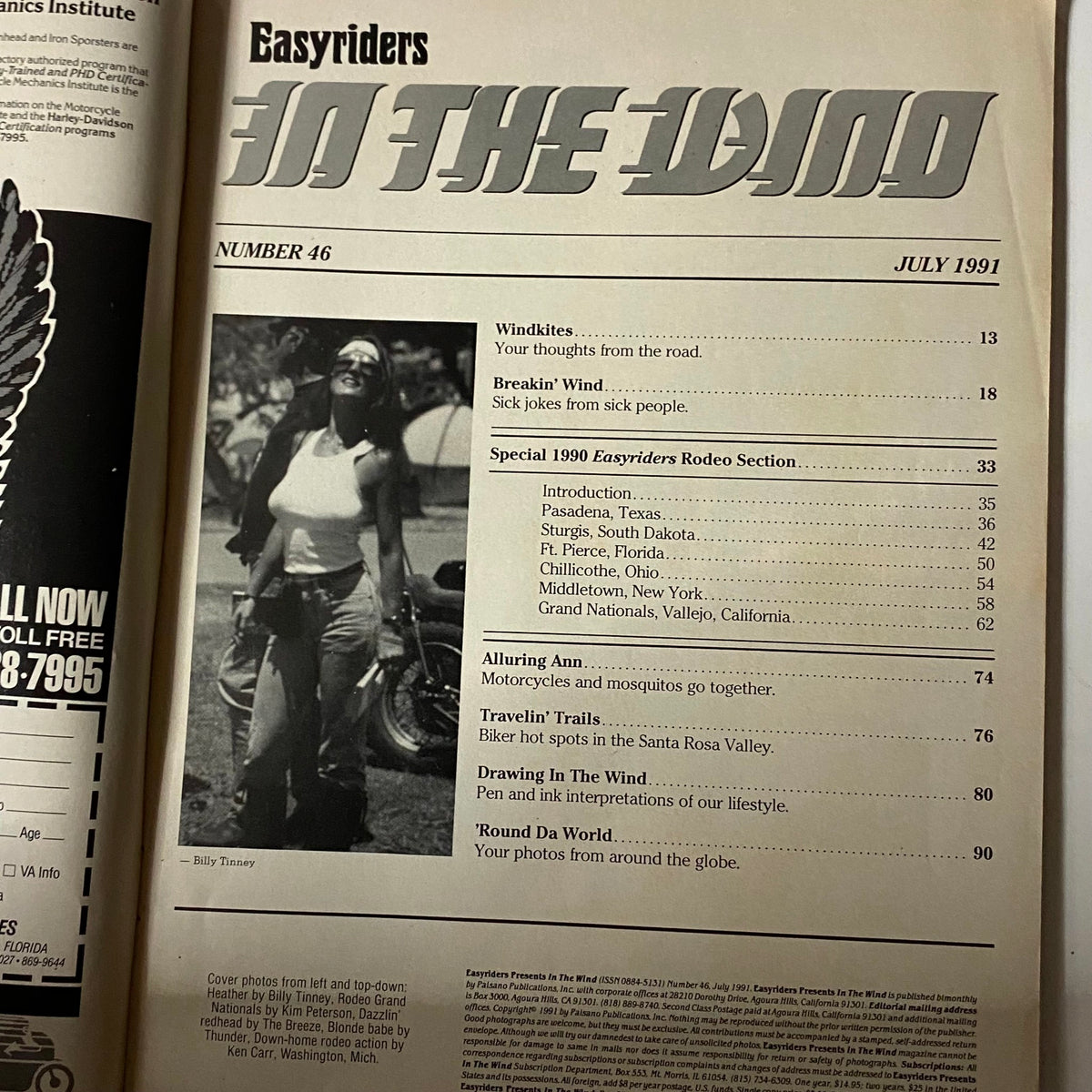 Inside page of In The Wind Magazine July 1991 displaying the table of contents for issue #46, highlighting articles on motorcycling and rodeo events.