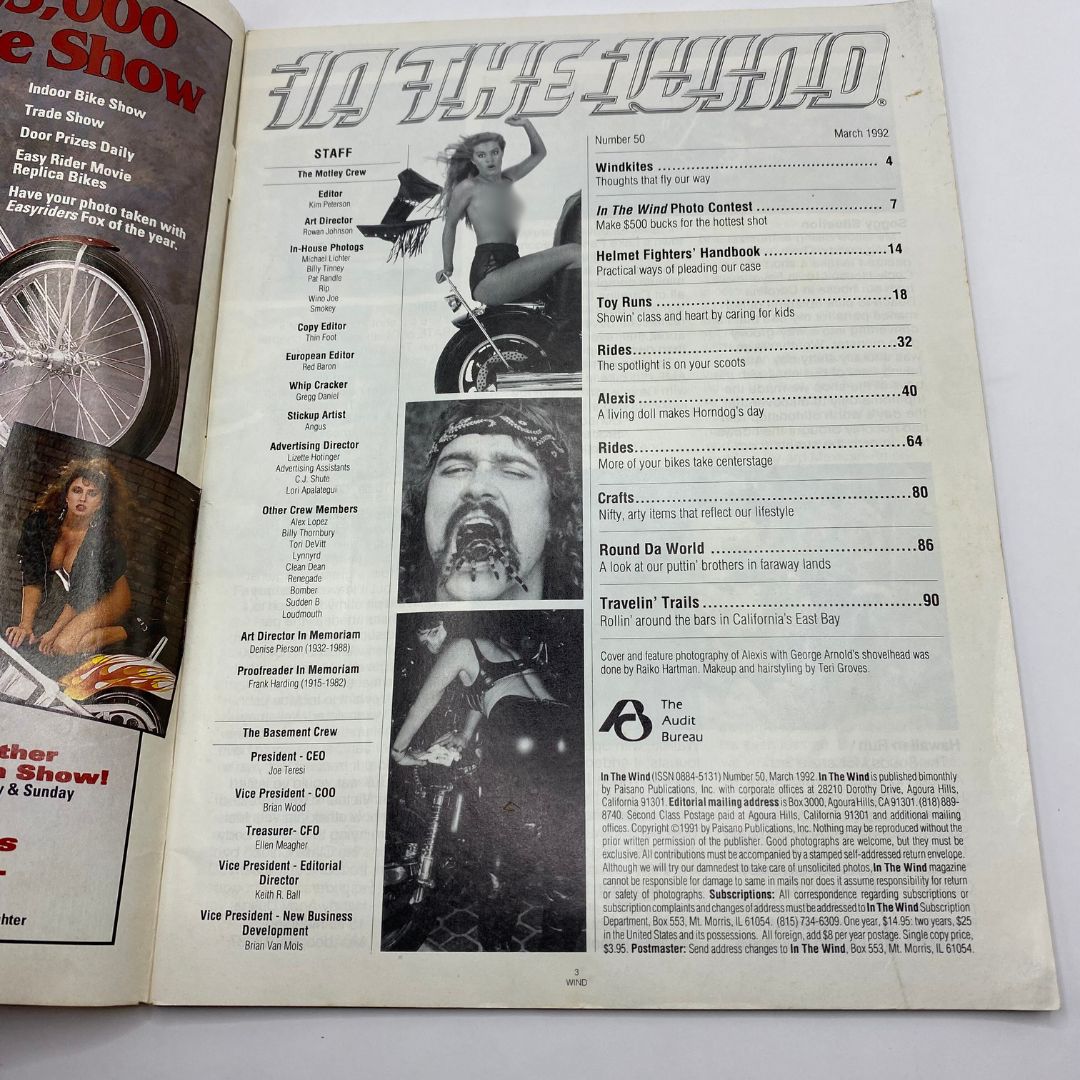 Interior page of 'In The Wind Magazine March 1992' displaying contents and credits, offering insights into the magazine's captivating features and articles focusing on motorcycle culture.