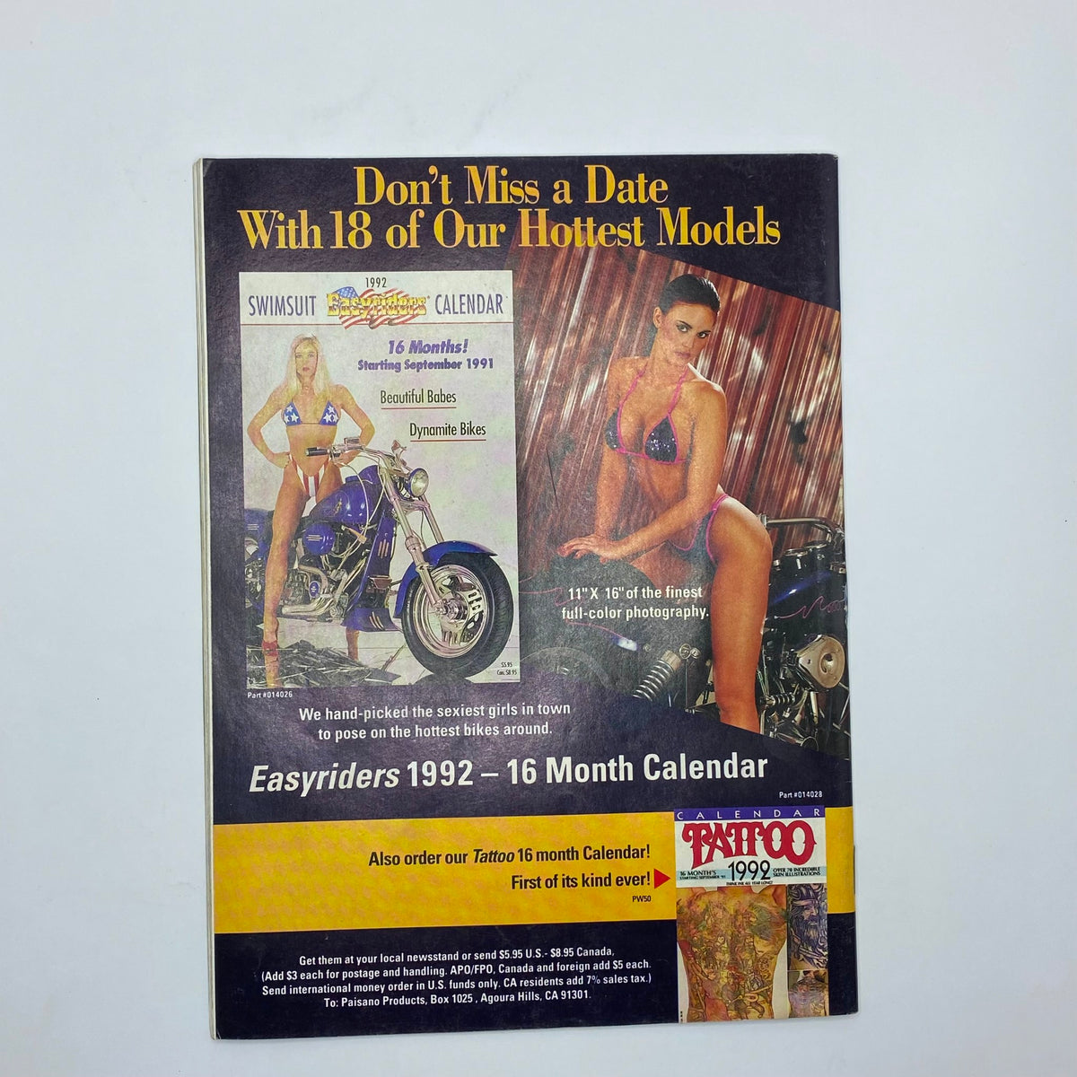 Promotional advertisement for the 'Easyriders 1992 16 Month Calendar' featuring models alongside motorcycles. The magazine, titled 'In The Wind Magazine March 1992', showcases themes of vintage culture and lifestyle with a focus on automotive and fashion elements.