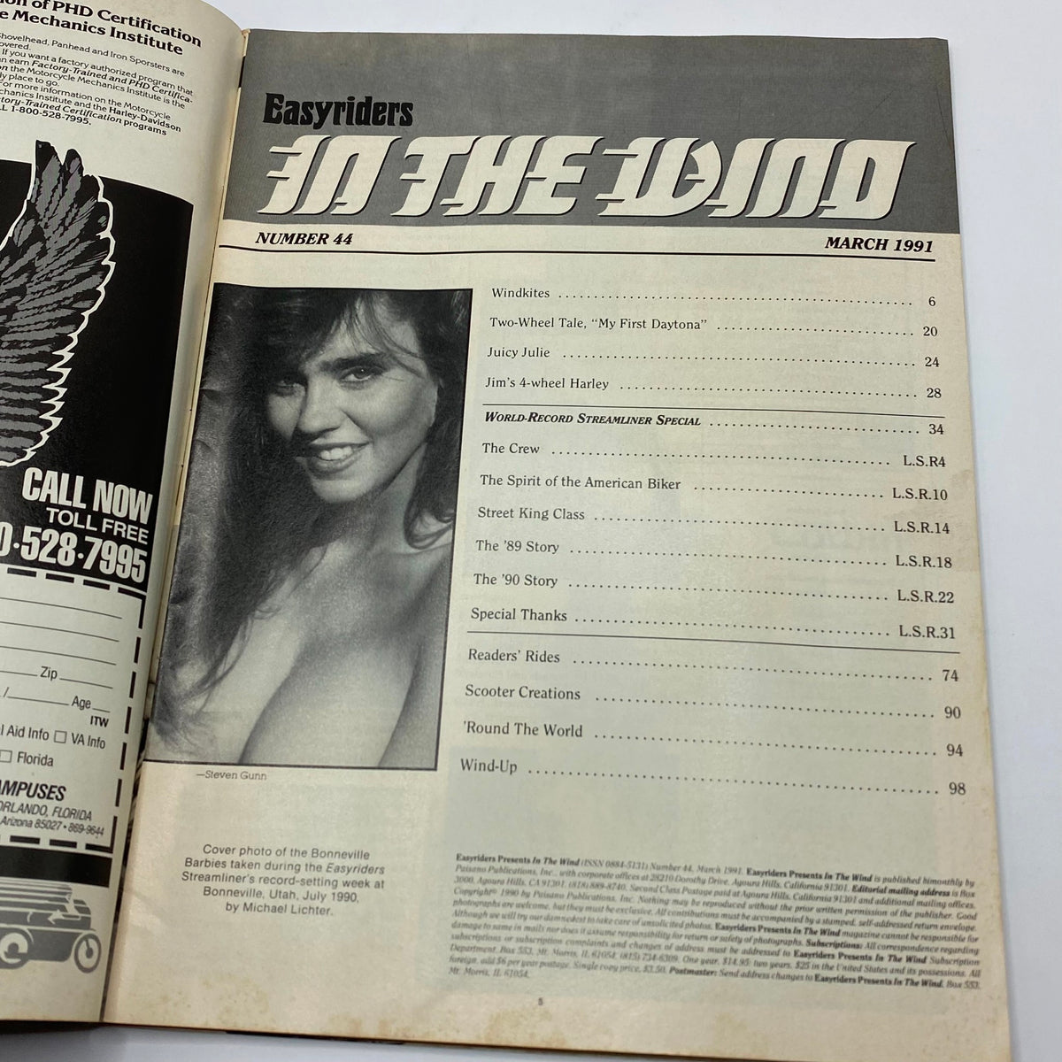 Inside page of In The Wind Magazine March 1991, showcasing the table of contents and featuring a photograph of a model, part of the Bonneville Barbies feature.