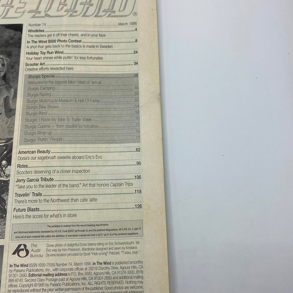 Table of contents page from In The Wind Magazine March 1996 No. 74, detailing articles including the Jerry Garcia tribute. It outlines various features and topics related to motorcycle enthusiasts and events.