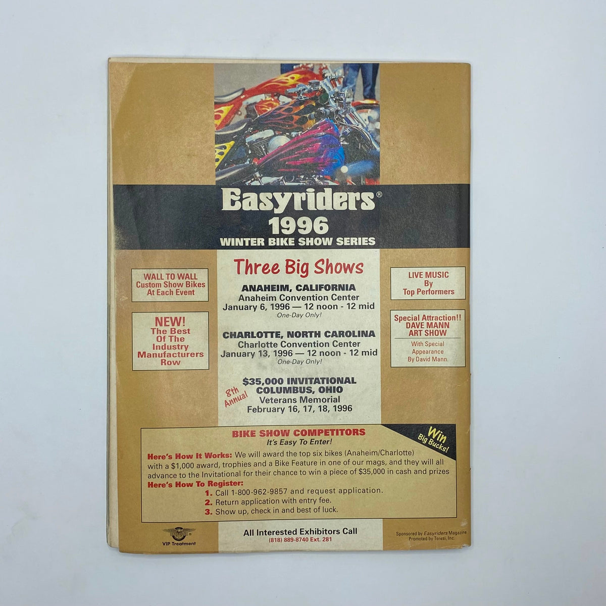 Back cover of In The Wind Magazine March 1996 No. 74 advertising the EasyRiders 1996 Winter Bike Show series, highlighting events in California, North Carolina, and Ohio. This ties into the motorcycle theme of the magazine.