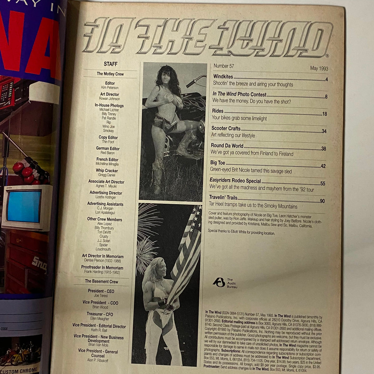Inside page of In The Wind Magazine May 1993 No. 57, showcasing the magazine's staff and a photo of Nicole, highlighting the magazine's editorial content from the early 1990s.