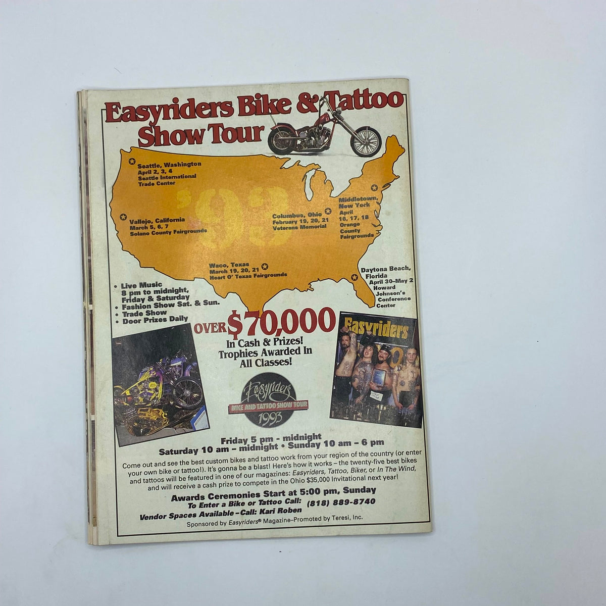Advertisement page from In The Wind Magazine May 1993 No. 57 promoting the Easyriders Bike & Tattoo Show Tour with event details, reflecting the culture and events of the early 1990s.