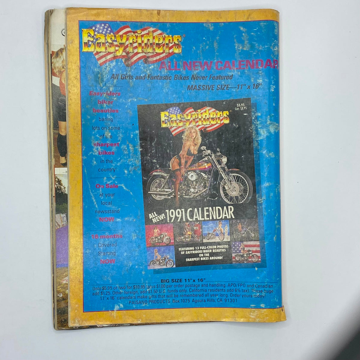 Cover of Easy Riders Presents In The Wind Magazine May 1991 No. 45 featuring an advertisement for the 1991 calendar with models and motorcycles, showcasing vibrant graphics and biker culture.