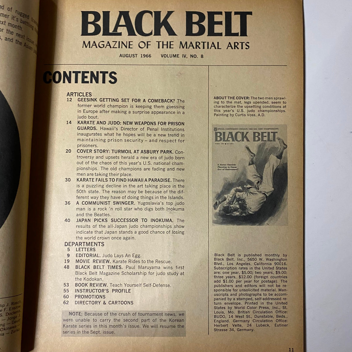 VTG Black Belt Magazine August 1966 interior page displaying the contents, including articles related to judo and karate, alongside a feature on Anton Geesink.