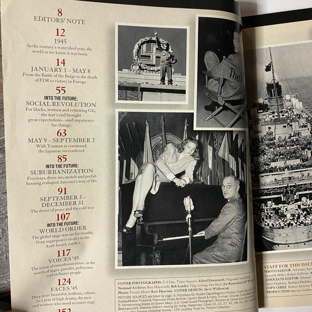 Interior pages of Life Magazine, June 5, 1995, featuring articles and visuals on the cultural shifts in 1945 America. Highlights include editors' notes and categories such as social revolution and world order.