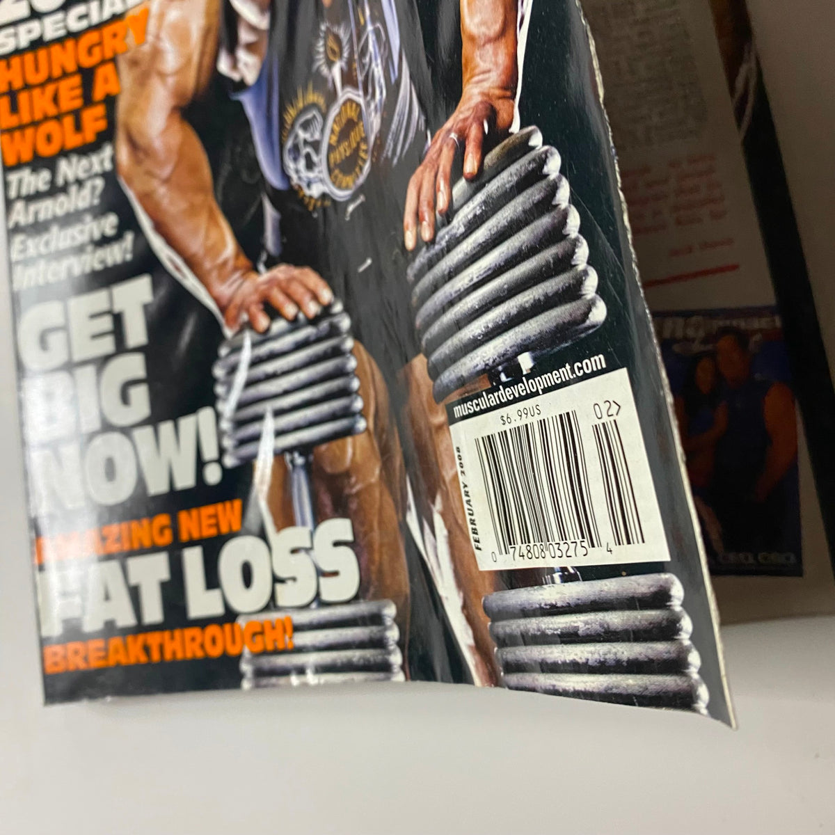 Detail shot of Muscular Development Magazine February 2008 showing the barcode and edge wear, part of a special edition on bodybuilding trends with Dennis Wolf on the cover.