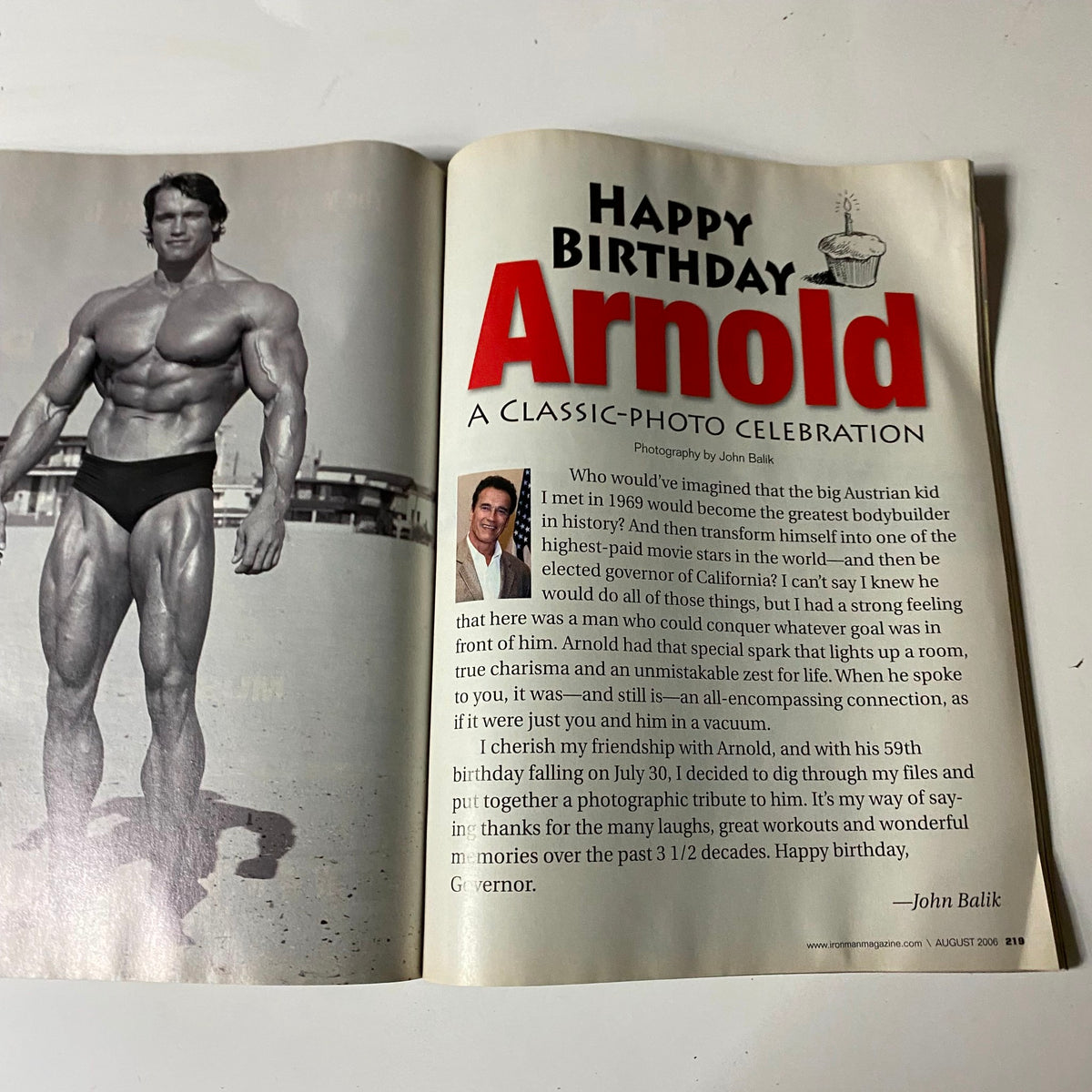 Second inside page of Iron Man Magazine August 2006, highlighting a tribute to Arnold Schwarzenegger's impact on the bodybuilding community and his notable achievements.