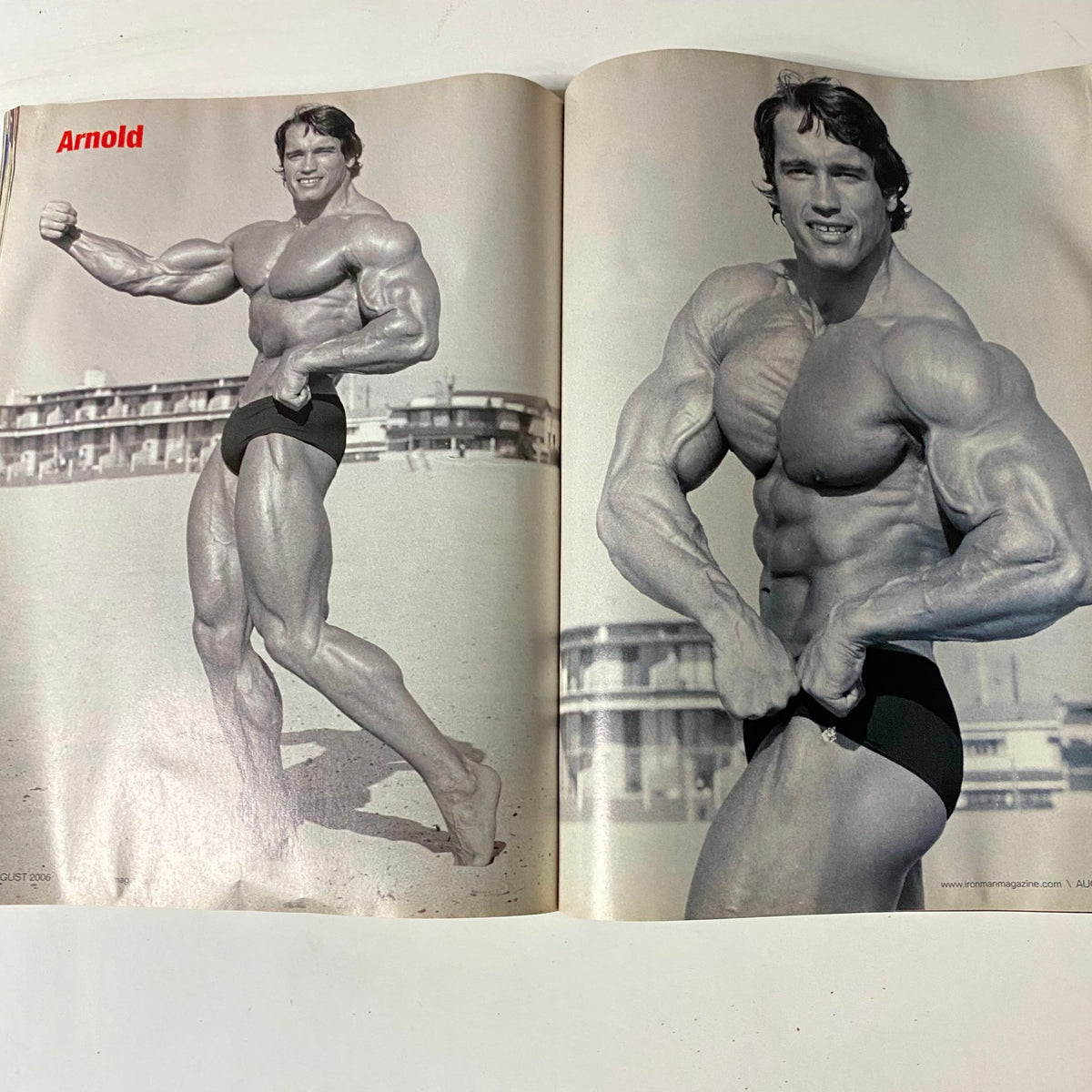 Iron Man Magazine August 2006 featuring Arnold Schwarzenegger posed with impressive muscle definition on a beach, representing the golden age of bodybuilding.