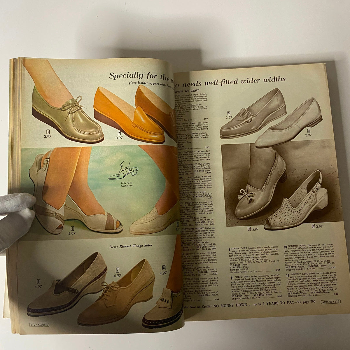 1965 Aldens Spring and Summer Catalog displaying a range of fashionable shoes with wider widths, including comfortable options for varied occasions.
