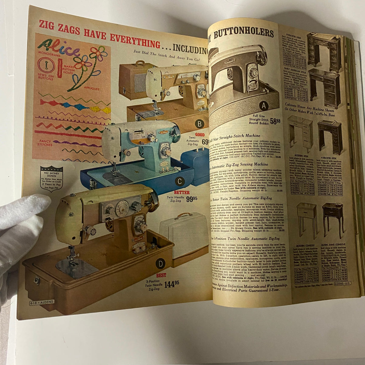 1965 Aldens Spring and Summer Catalog showcasing various sewing machines, highlighting features like zigzag stitching, alongside vivid product descriptions and pricing.