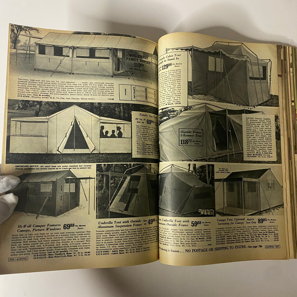 1965 Aldens Spring and Summer Catalog displaying camping tents with various models and prices, emphasizing family camping gear and outdoor living essentials.