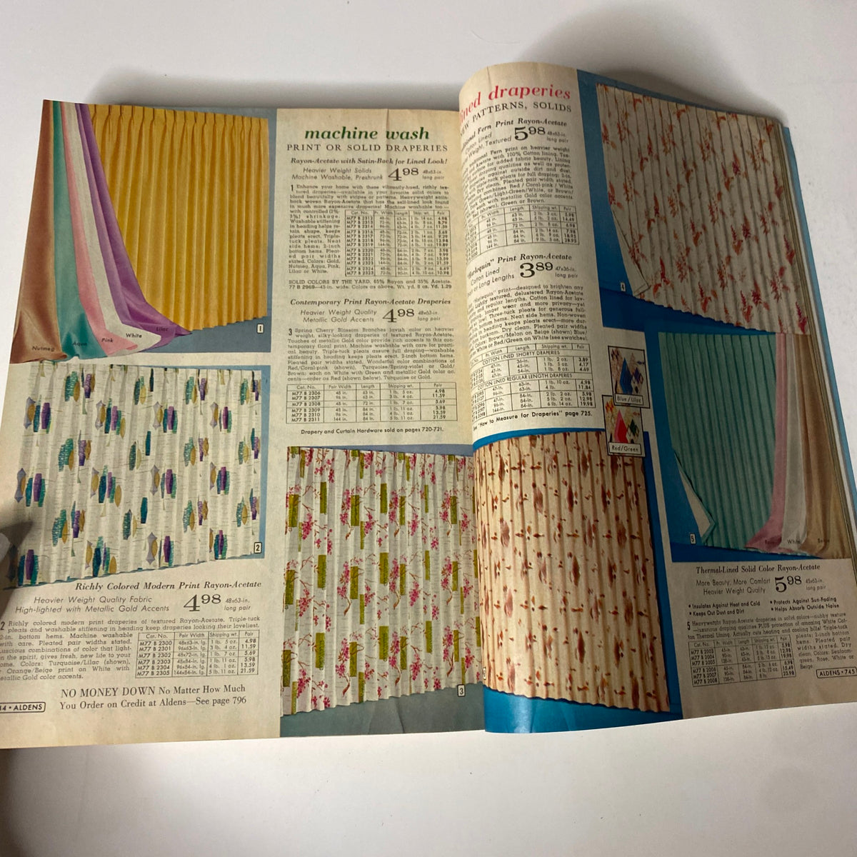 1965 Aldens Spring and Summer Catalog illustrating colorful draperies with fabric options and pricing, highlighting home décor for mid-century American households.