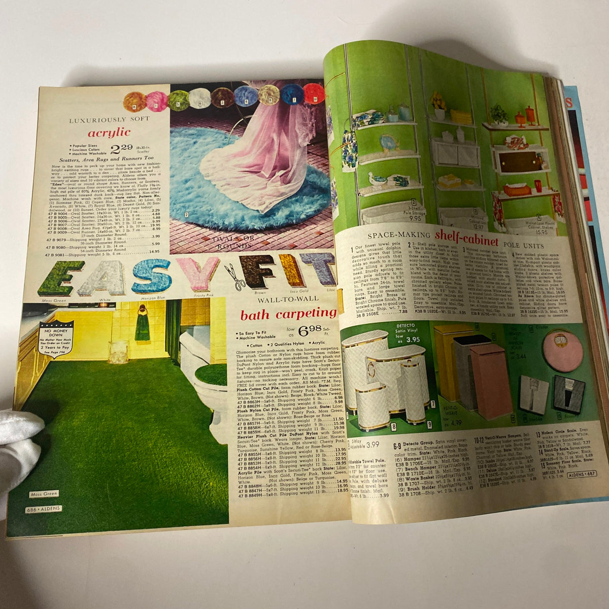 1965 Aldens Spring and Summer Catalog promoting bath carpeting and home storage solutions with vibrant images and detailed product descriptions for retro interiors.