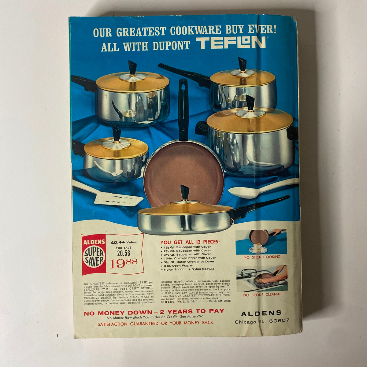Cover of the 1965 Aldens Spring and Summer Catalog showcasing cookware with Teflon, featuring an array of pots and pans alongside promotional text highlighting their features and price. The catalog represents mid-century American consumer culture.