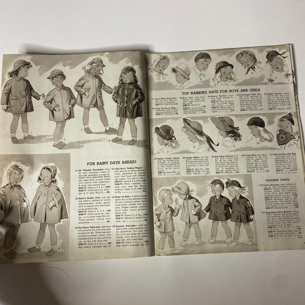 Interior view of the 1945 Macy's Spring and Summer Catalog depicting various children's raincoats and hats, highlighting styles and prices from the mid-1940s.