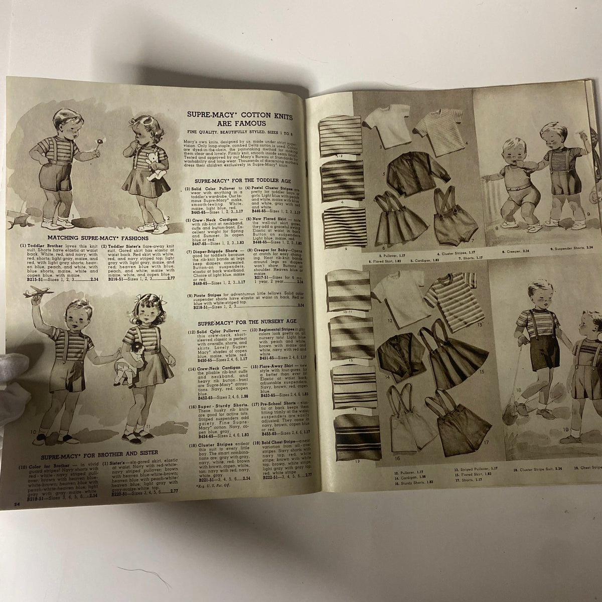 1945 Macy's Spring and Summer Catalog showcasing children's fashion, featuring illustrations of boys and girls in matching outfits and cotton knits.