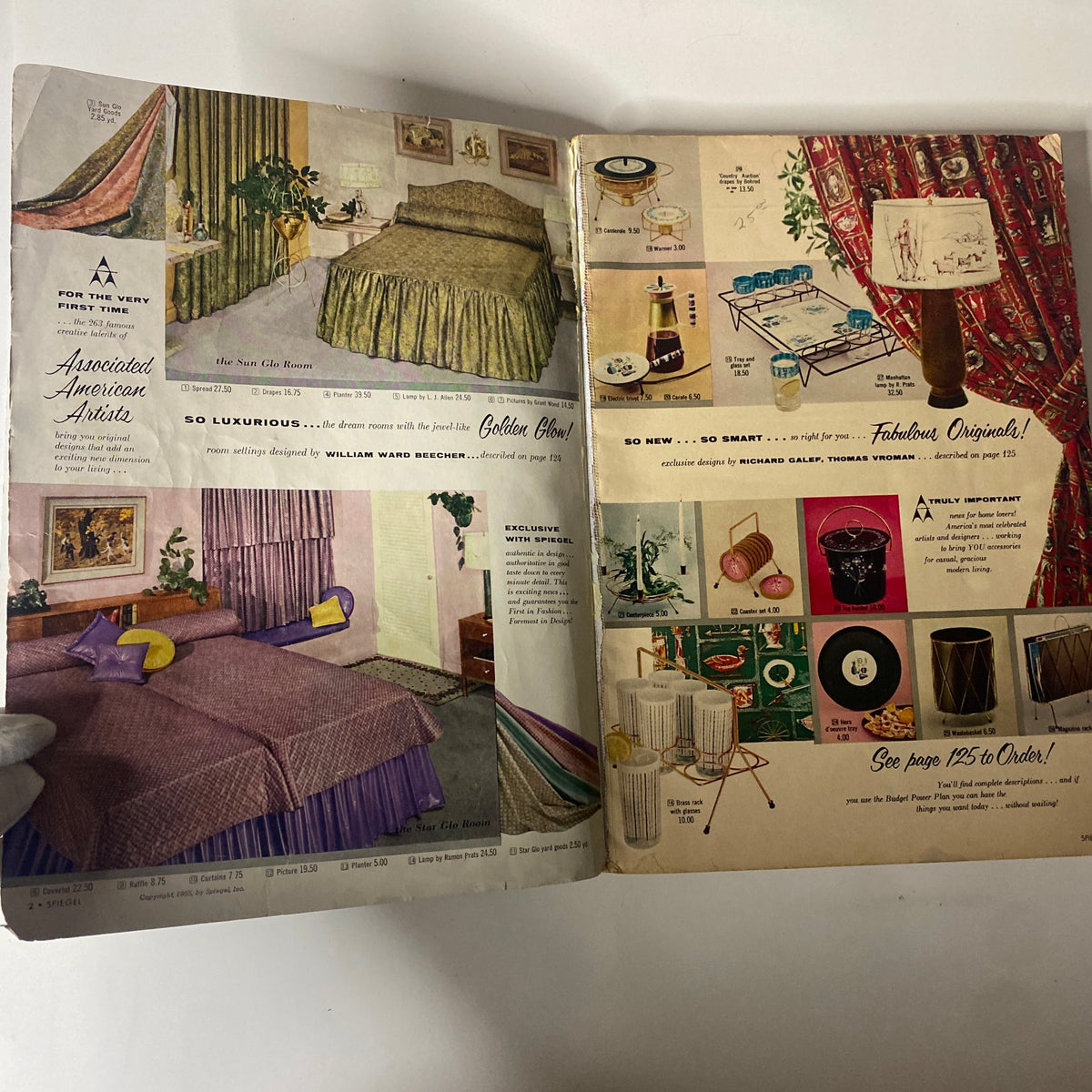Interior pages of the 1955 Spiegel Fall and Winter Catalog displaying luxurious bedroom settings and stylish home decor items.