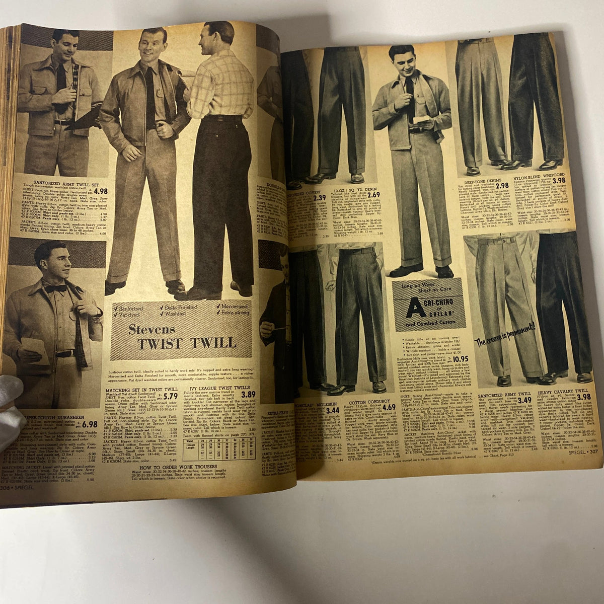 1955 Spiegel Fall and Winter Catalog highlighting men's fashion with an array of stylish trousers and casual shirts, reflecting mid-century trends.