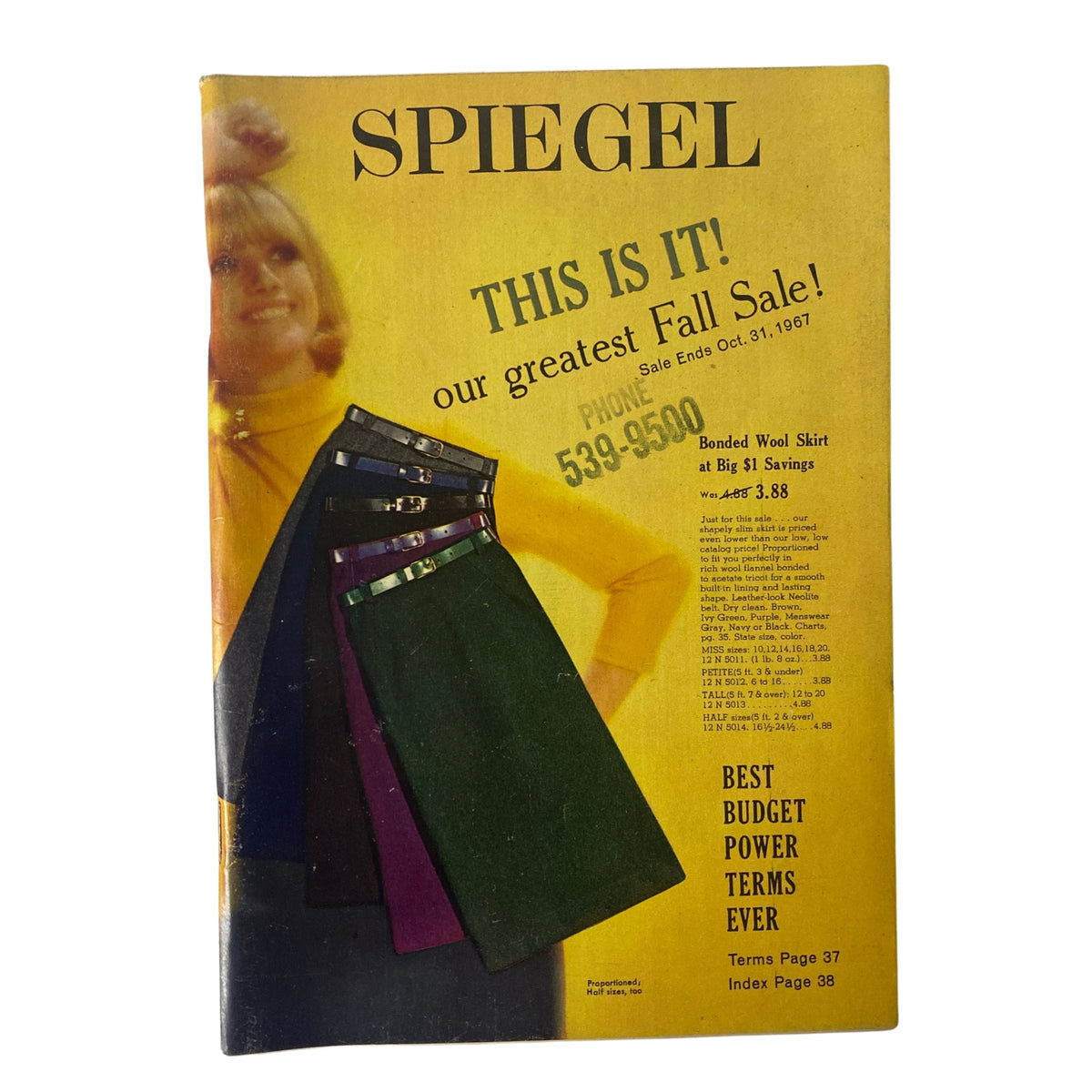 Cover of the 1967 Spiegel Fall Catalog featuring a model showcasing colorful skirts on a vibrant yellow background, promoting the latest fall sale.