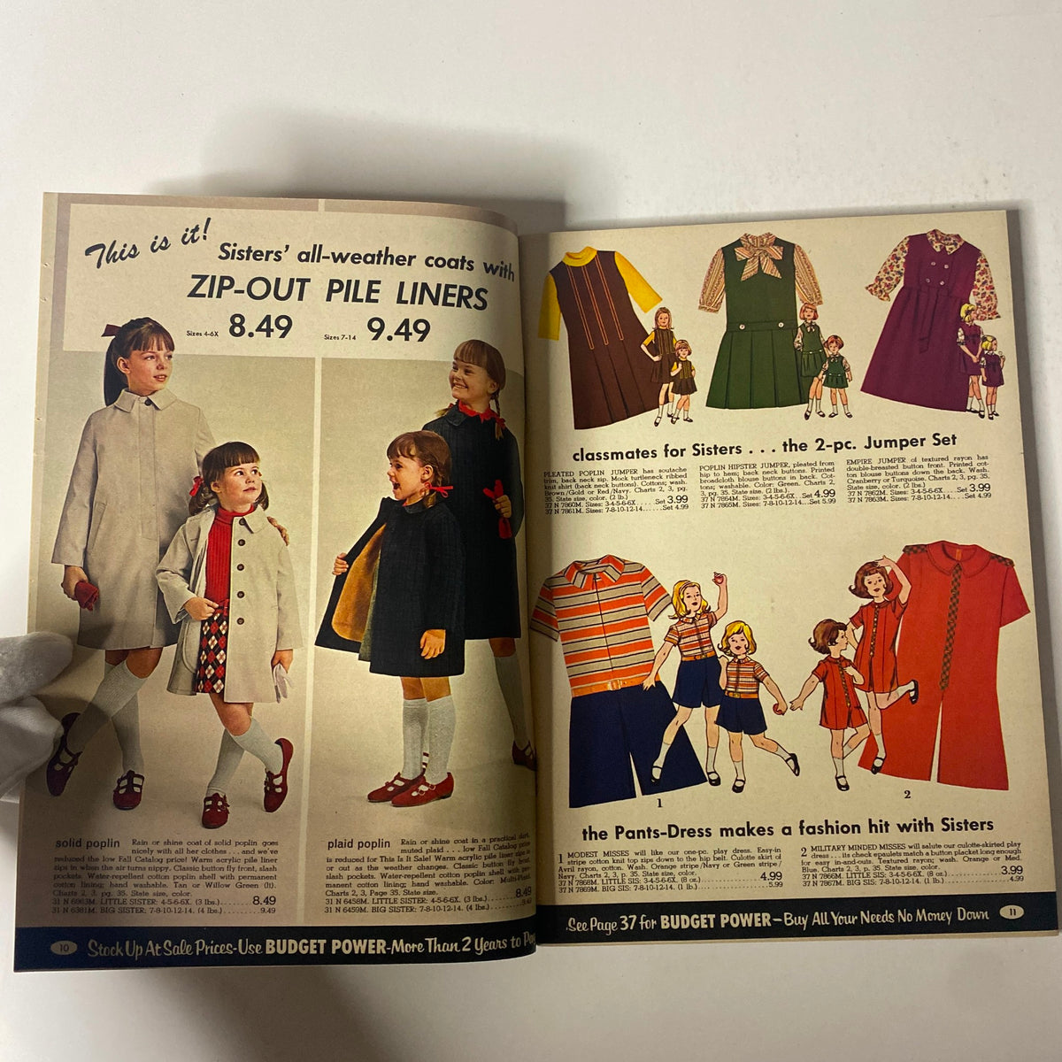 Interior pages of the 1967 Spiegel Fall Catalog showcasing girls' fashionable coats, jumpers, and dresses with price details for autumn styles.