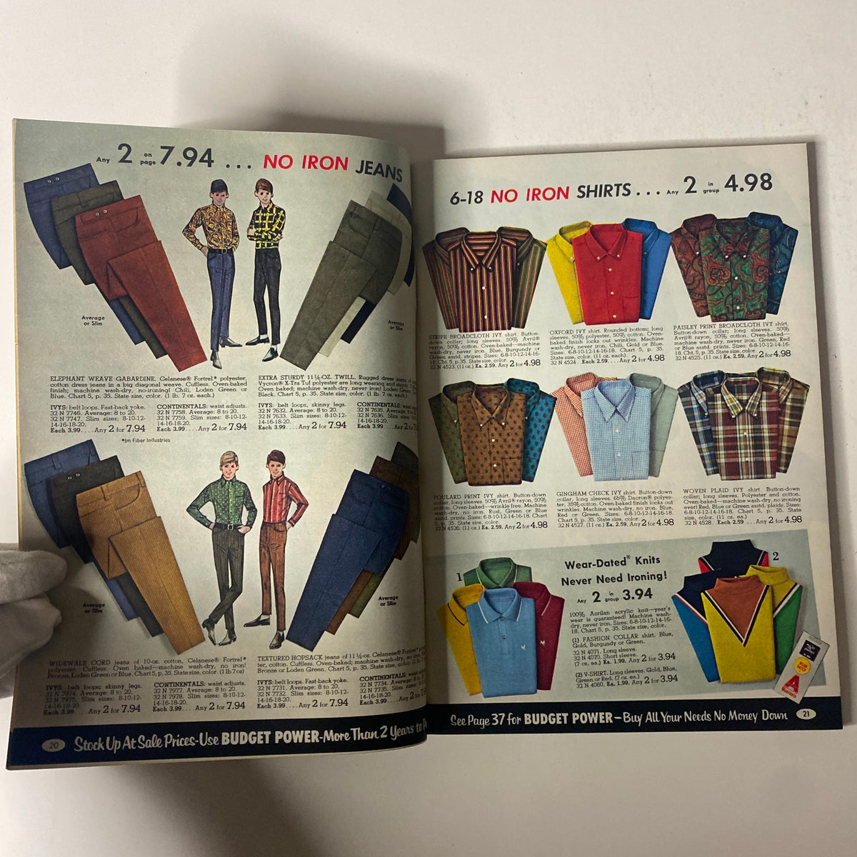 Interior pages of the 1967 Spiegel Fall Catalog featuring no iron jeans and shirts alongside various fashionable apparel for the fall season.
