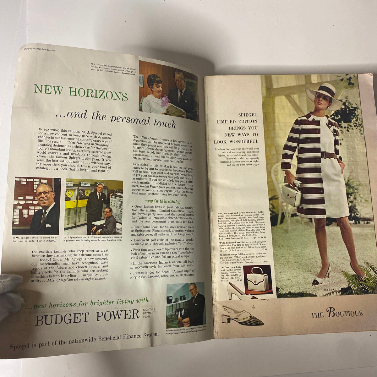 Inside view of the 1968 Spiegel Spring and Summer Catalog discussing 'New Horizons' with photos of M.J. Spiegel and details of the Budget Power payment plan.