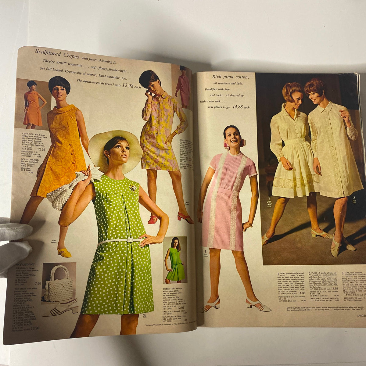 Fashion spread from the 1968 Spiegel Spring and Summer Catalog displaying various models in colorful summer dresses, showcasing the latest trends from the era.