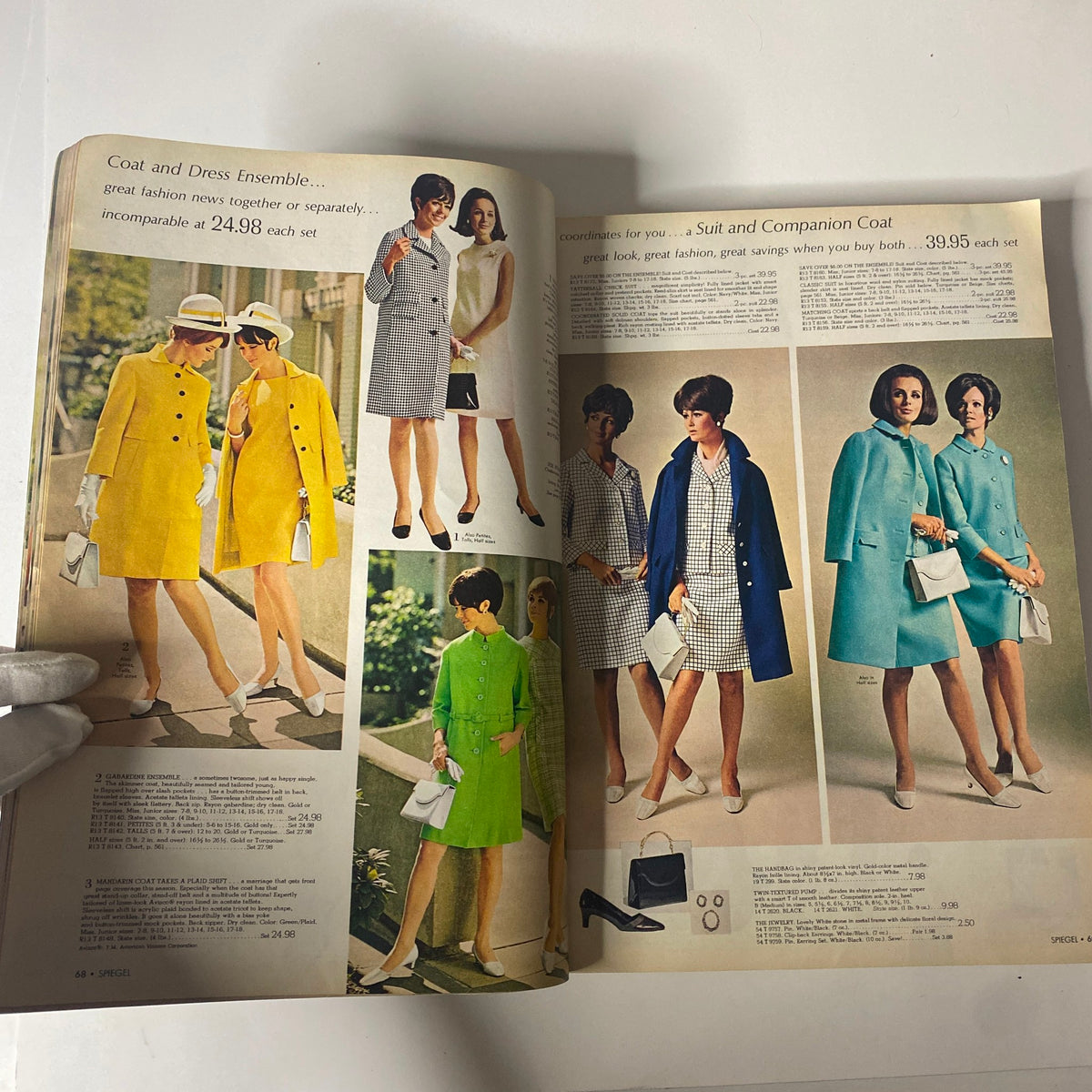 1968 Spiegel Spring and Summer Catalog showcasing stylish coat and dress ensembles, including vibrant colors like yellow and green, perfect for warm weather fashion.