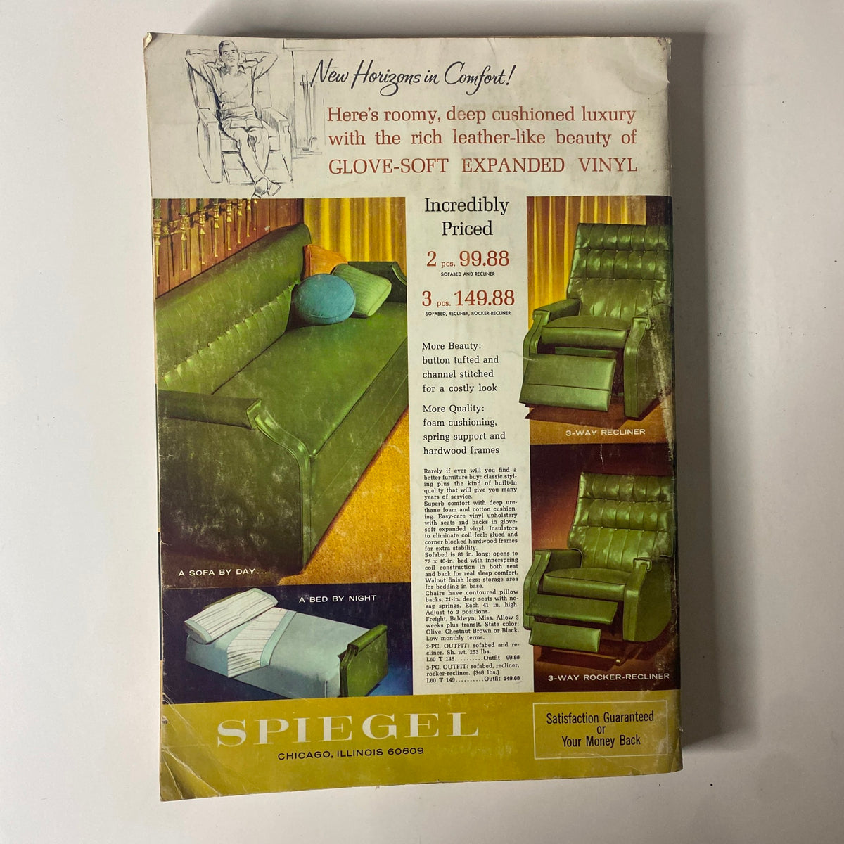 Back cover of the 1968 Spiegel Spring and Summer Catalog advertising luxurious vinyl sofas and recliners with a vintage design.