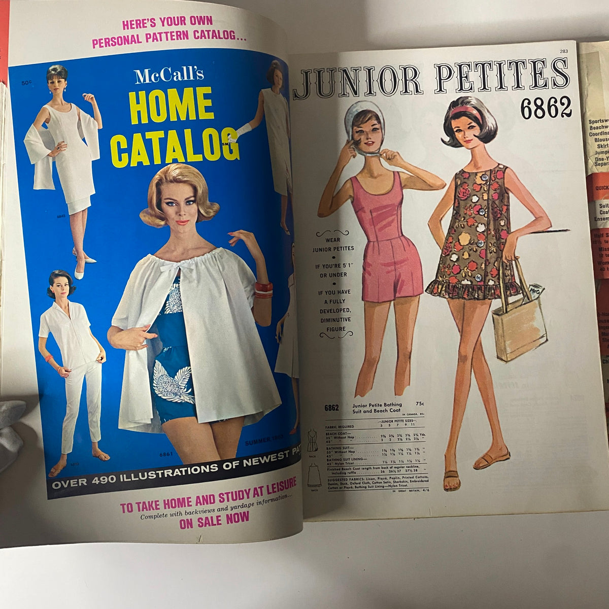 1963 July McCall's Summerwear Catalog cover page highlighting the latest summer designs, including swimwear and casual styles for young women.